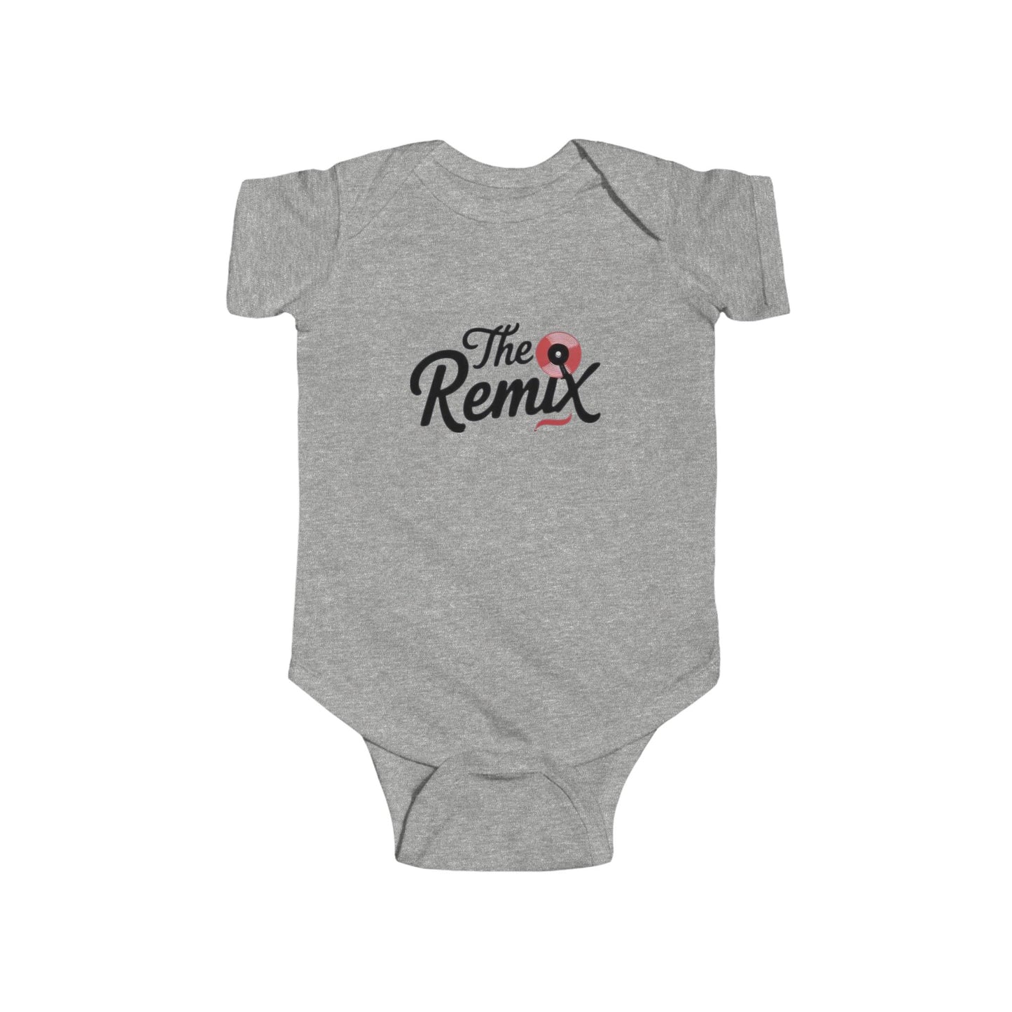 Light Grey The Remix Vinyl Baby Onesie on a white background
