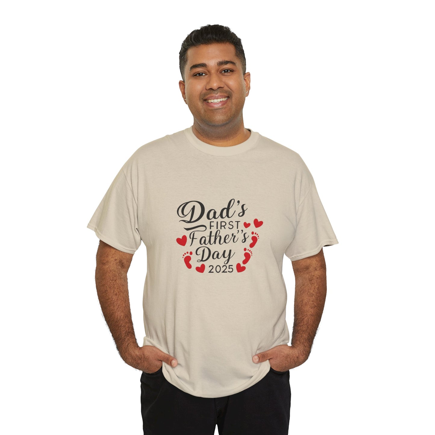 Indian Man wearing Dad's First Father's Day Sand Tshirt with footprints and hearts