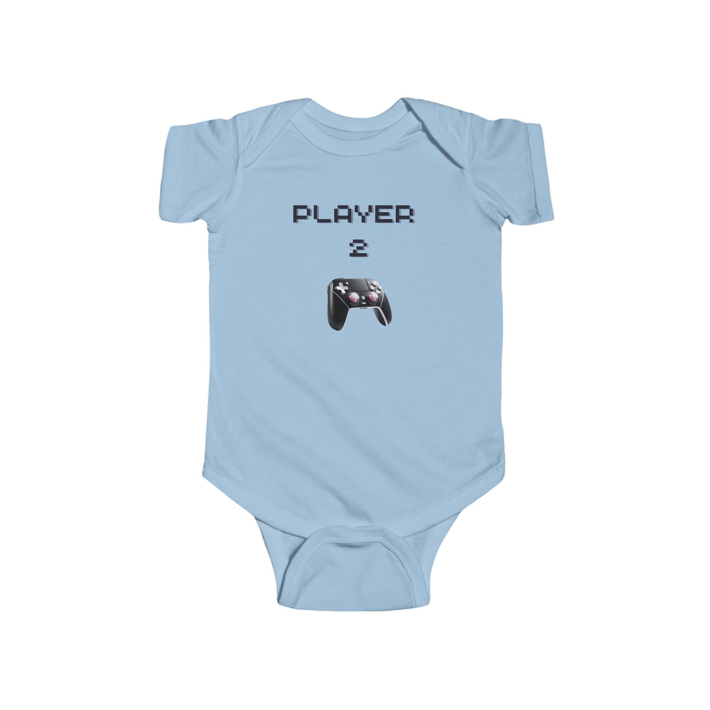 Light Blue Player 2 Baby Onesie with a modern game controller on the front