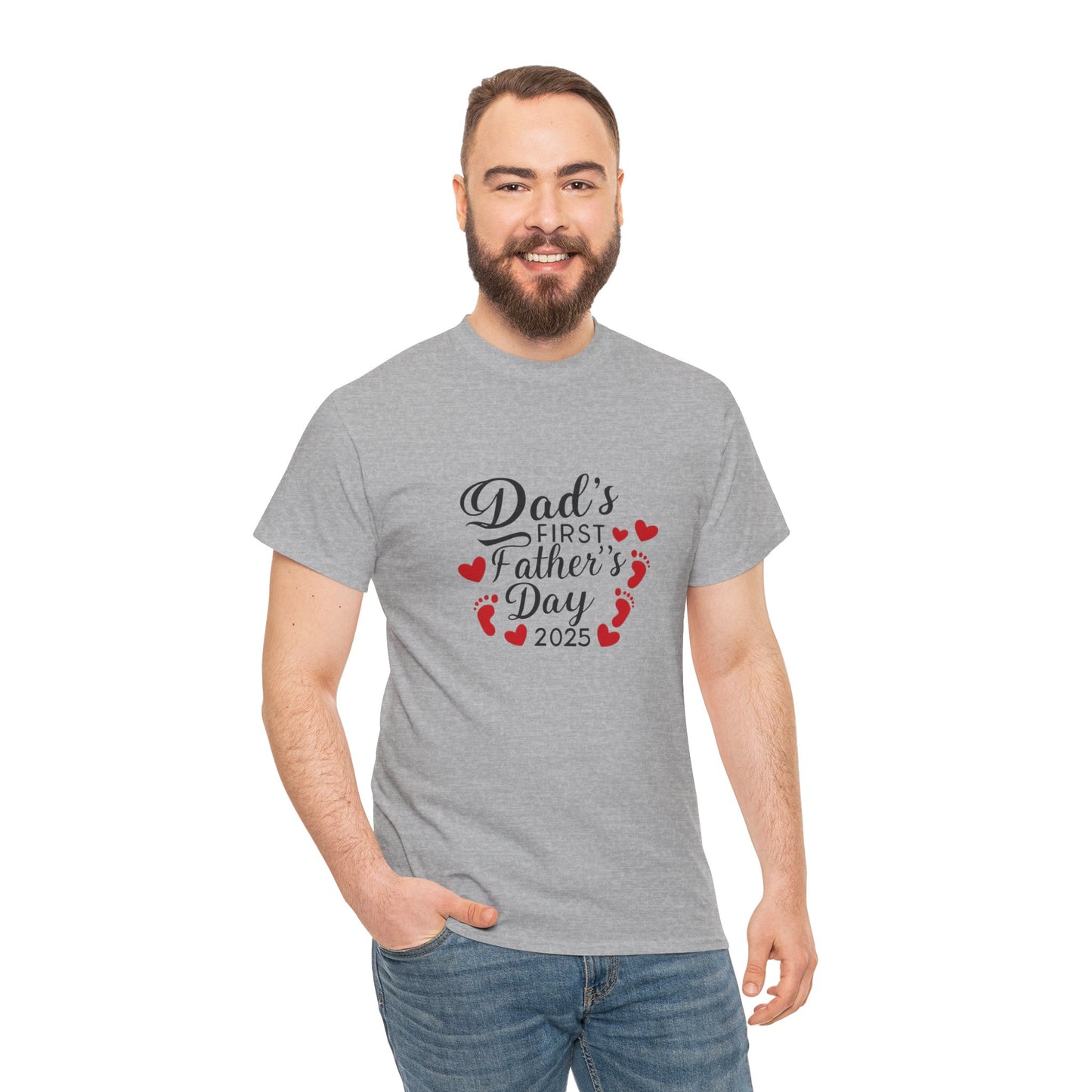 Dad wearing first fathers day Tshirt 2025 in grey with jeans