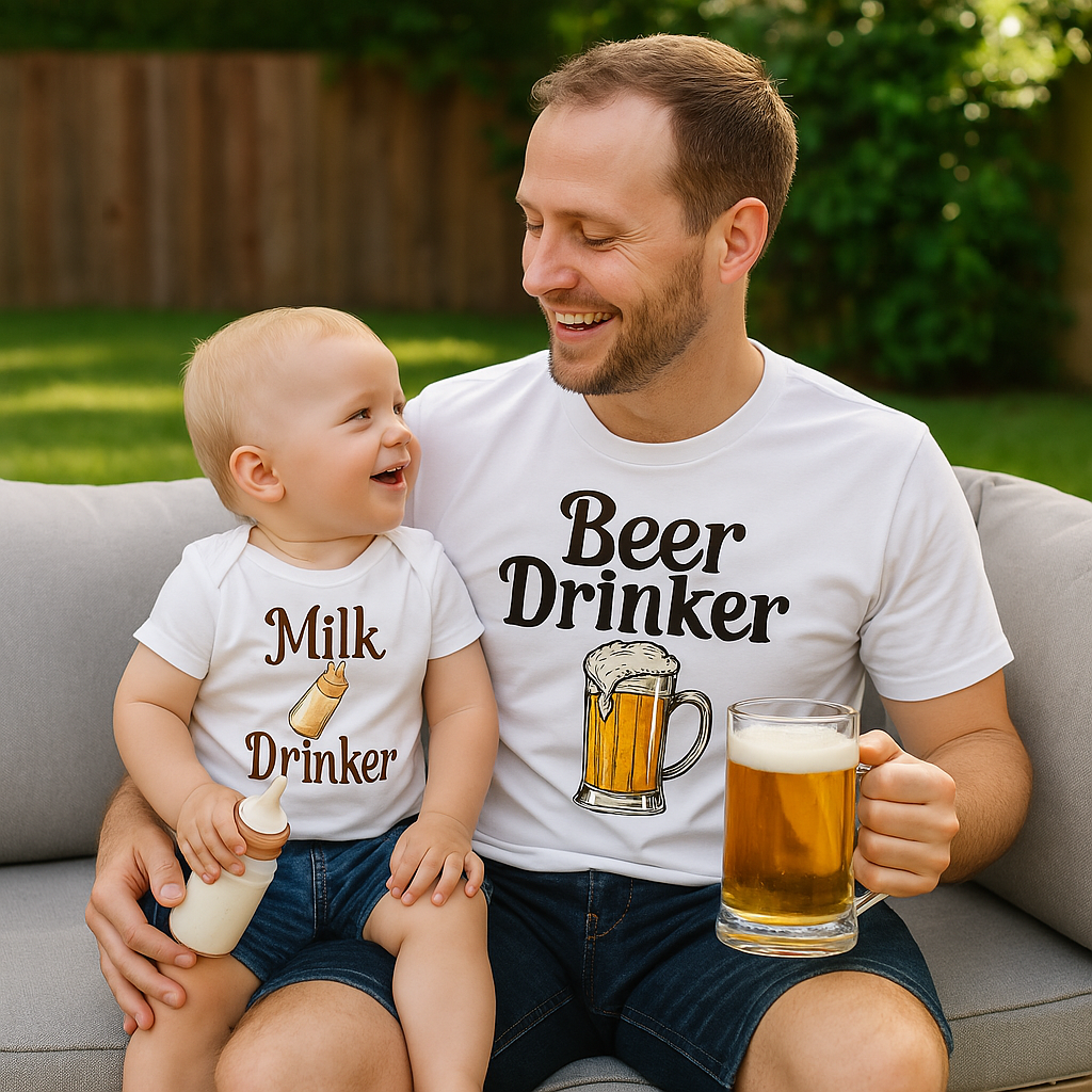 Dad in “Beer Drinker” T-shirt and baby in matching “Bottle Drinker” onesie sitting in UK garden, holding beer and milk bottle together.