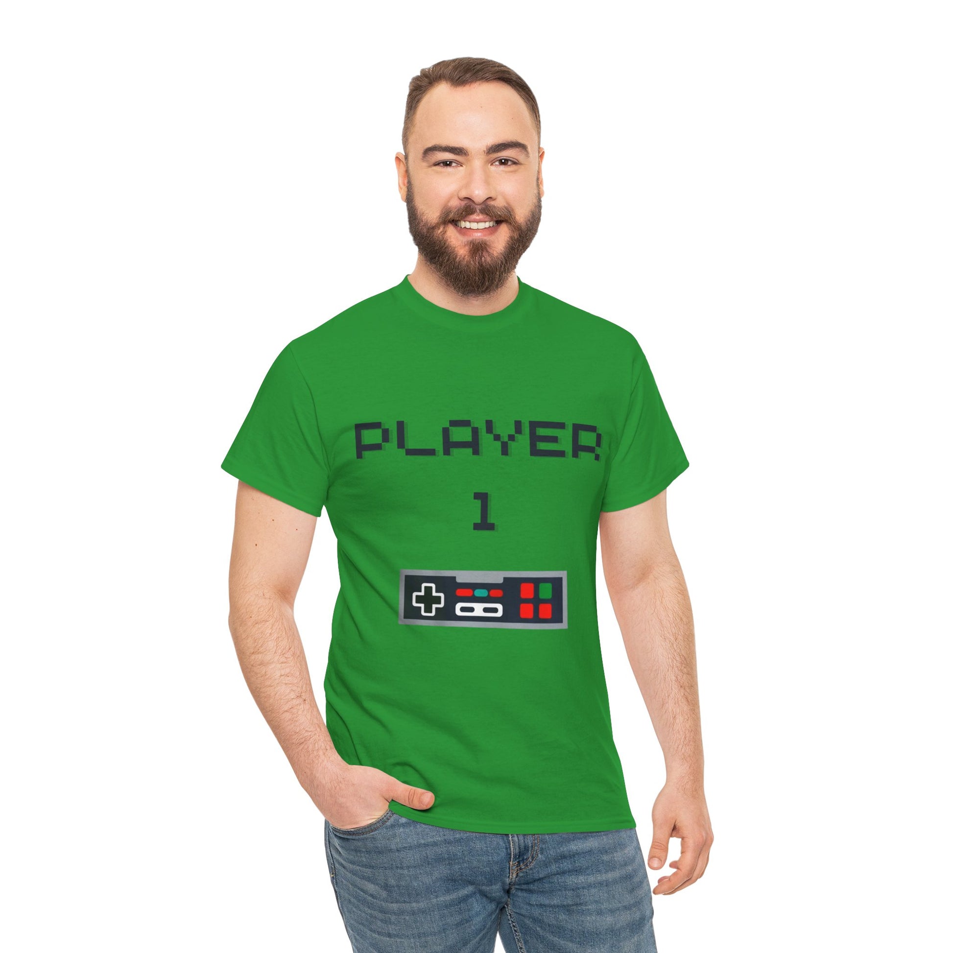 Irish Green Player 1 Game Controller Tshirt on White Man with Beard
