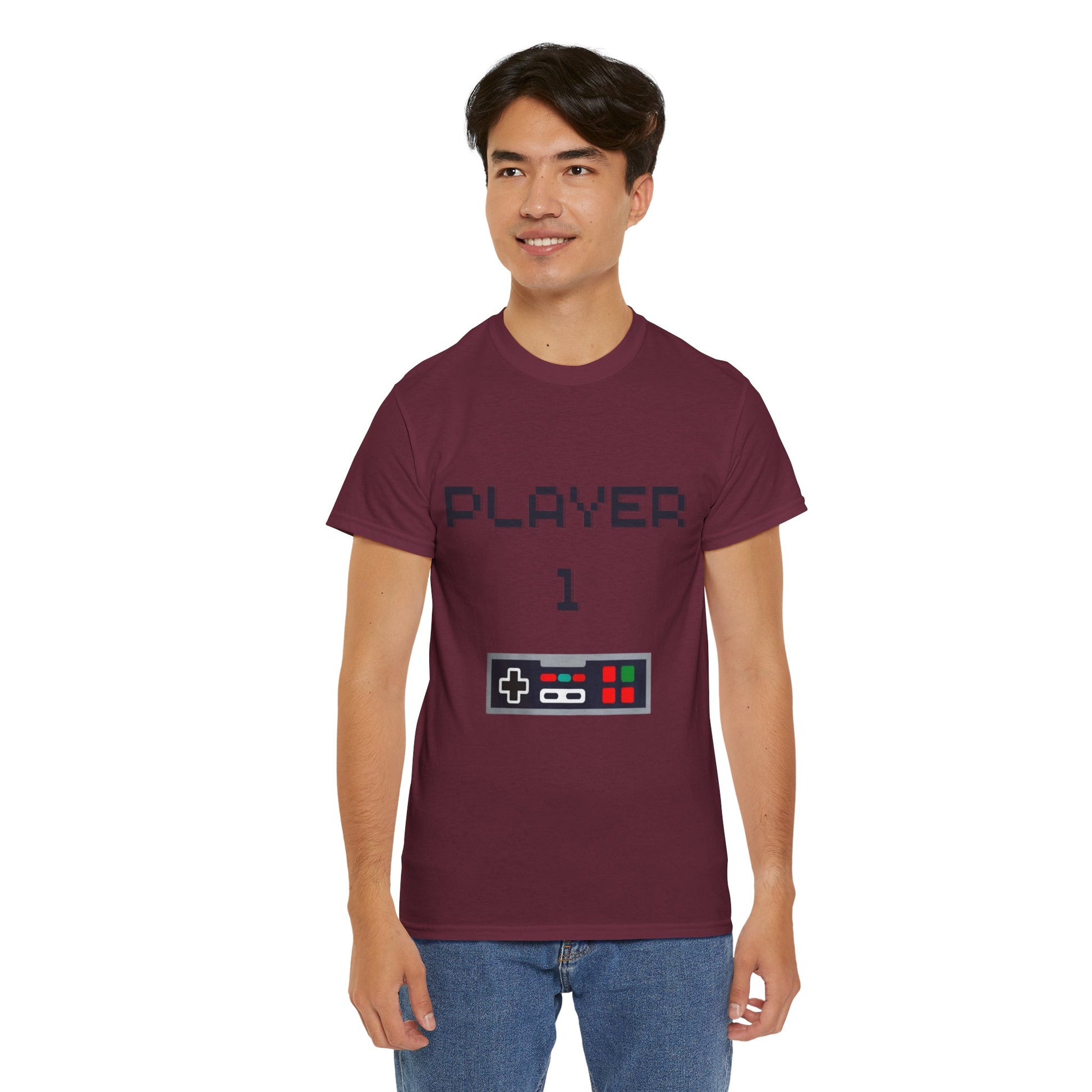 Maroon Player 1 Tshirt on an Asian man with an old fashioned game controller on the front
