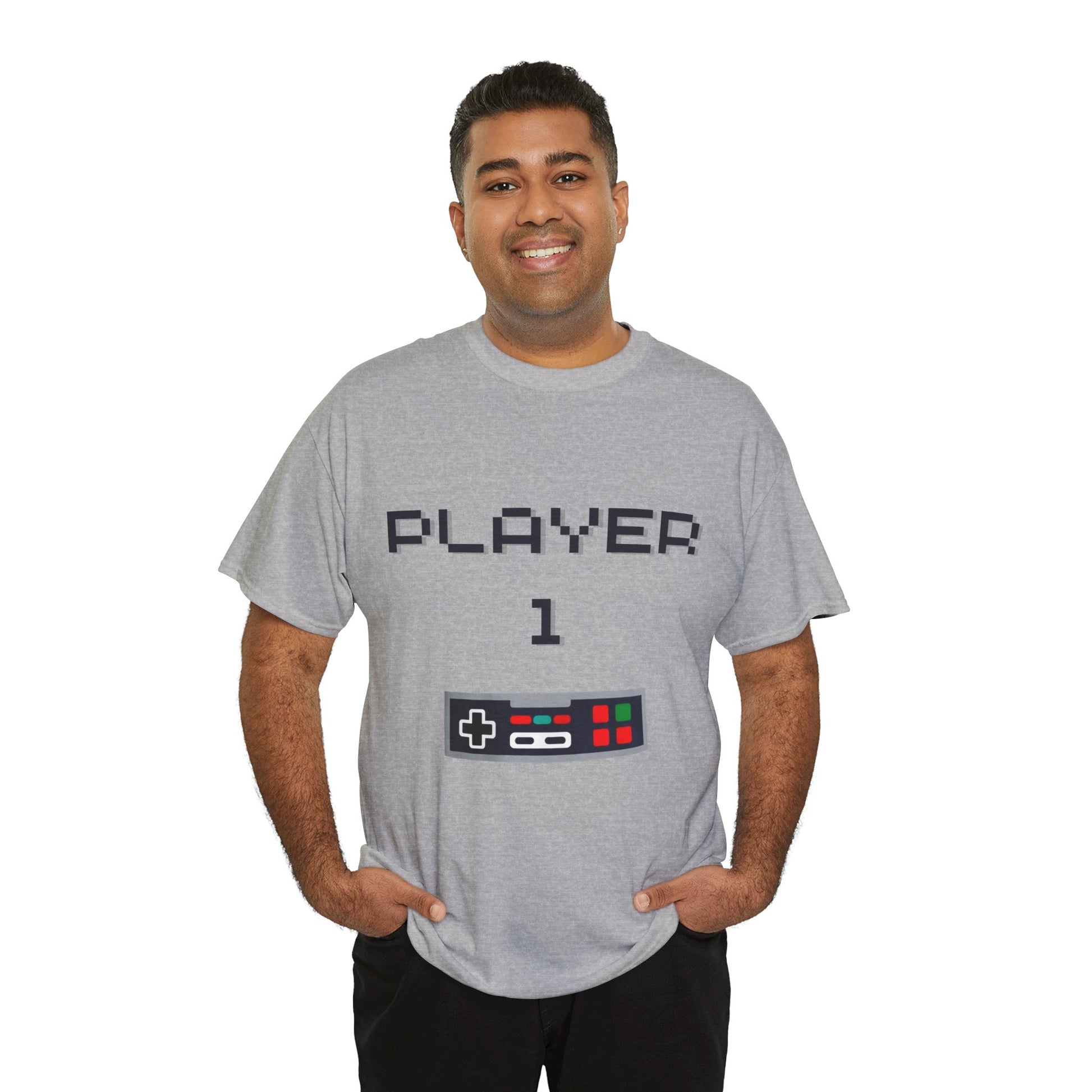Player 1 Old Fashioned Game Controller Grey Tshirt on a Dad