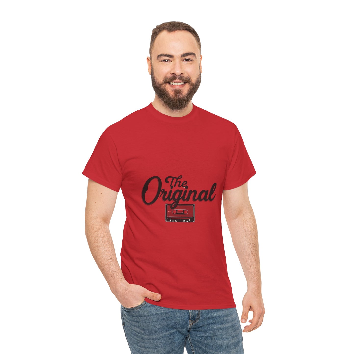 Dad with beard wearing a Red Tshirt with a retro cassette featuring the words The Original