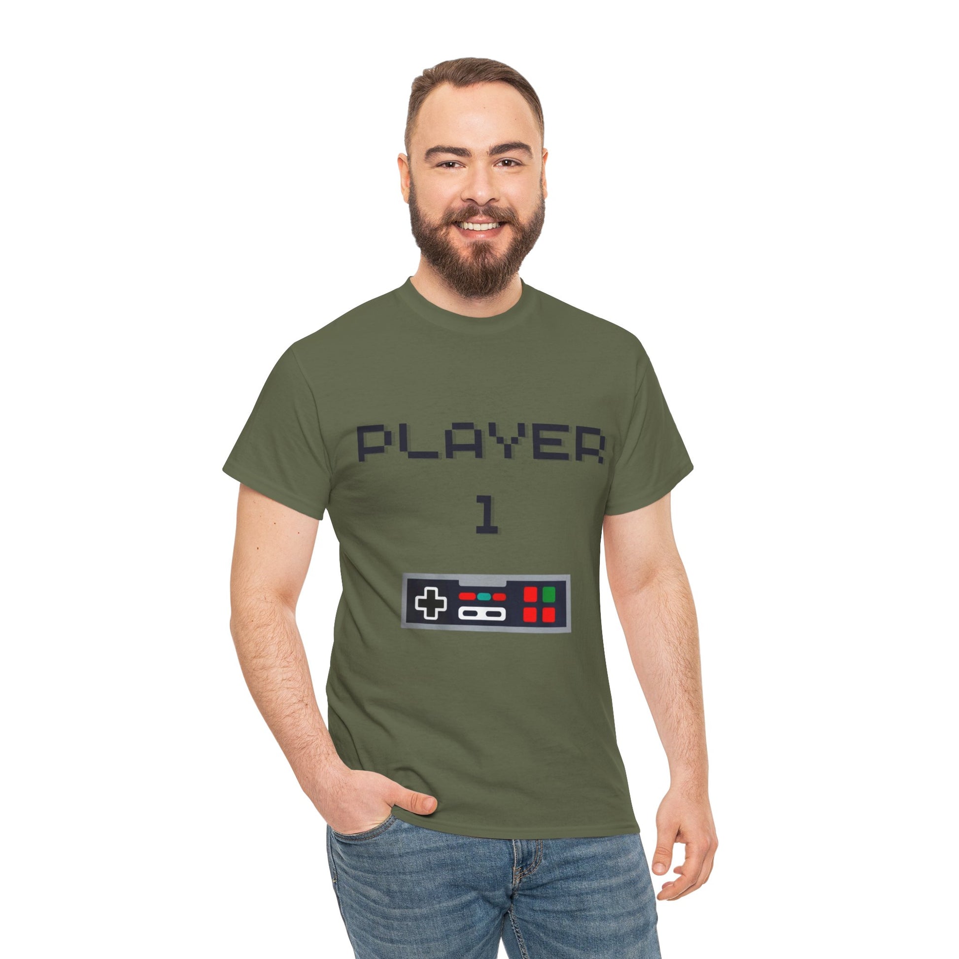 Military Green Player 1 Old style Controller Tshirt on White Man with Beard