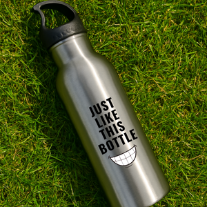 Just like this Bottle with a white smile, stainless steel water bottle back design for Dad on grass