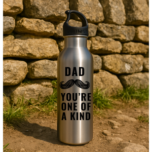 Stainless steel water bottle for Dad in front of a stone wall with a moustache