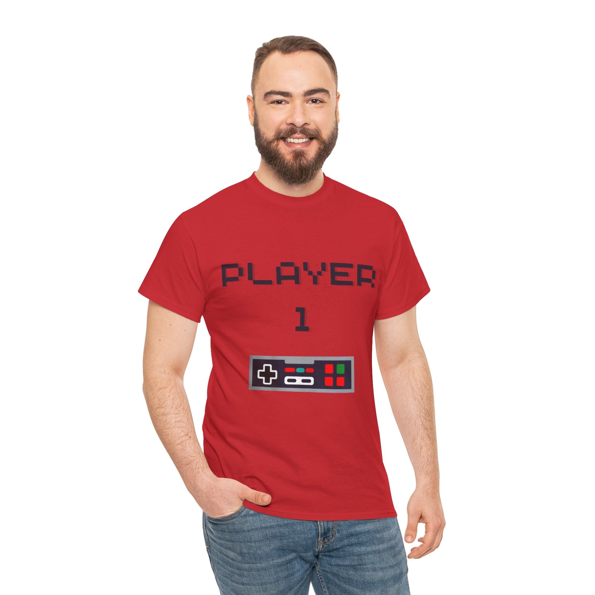Red Player 1 Tshirt with Old Fashioned Game Controller