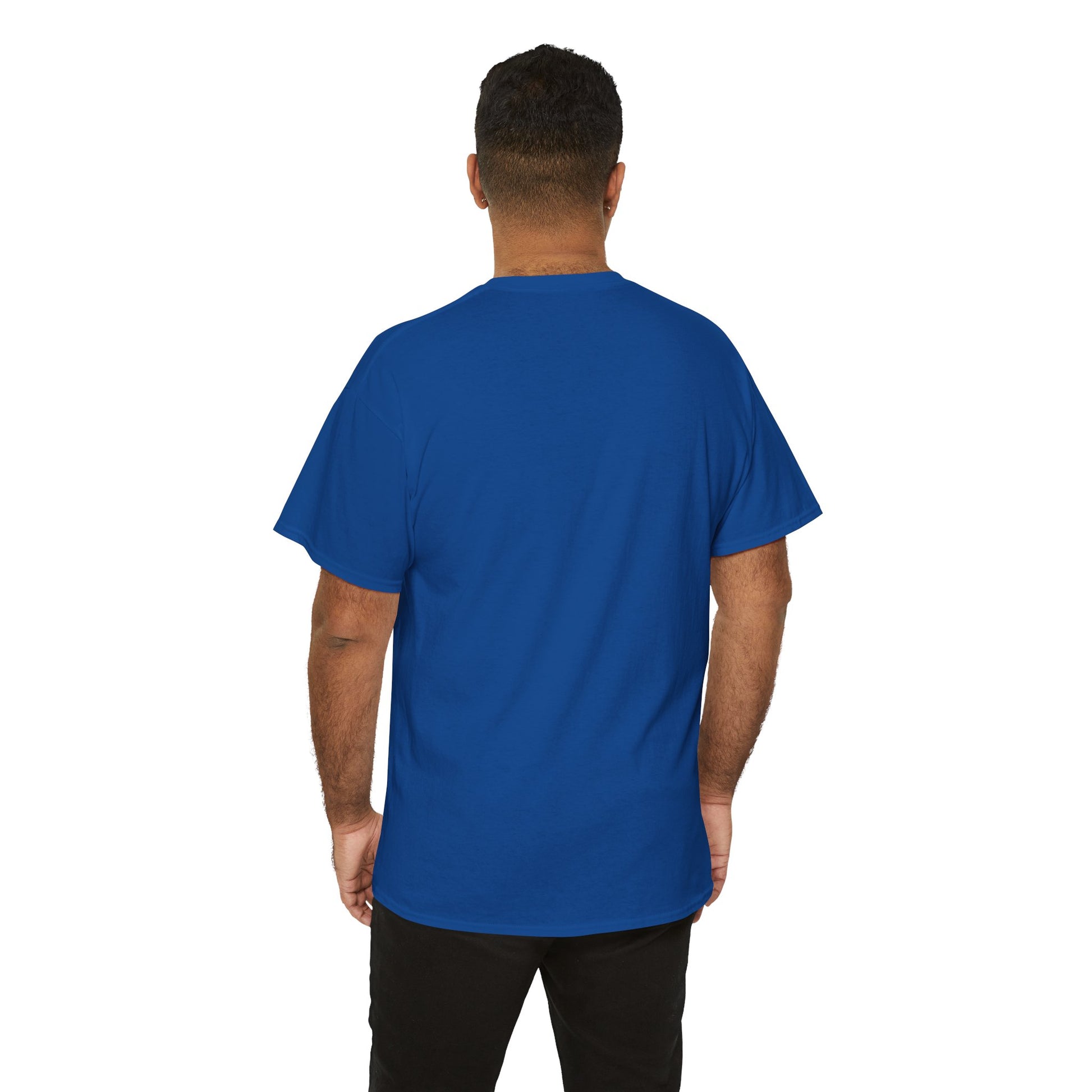 Back of a man wearing a blue T shirt