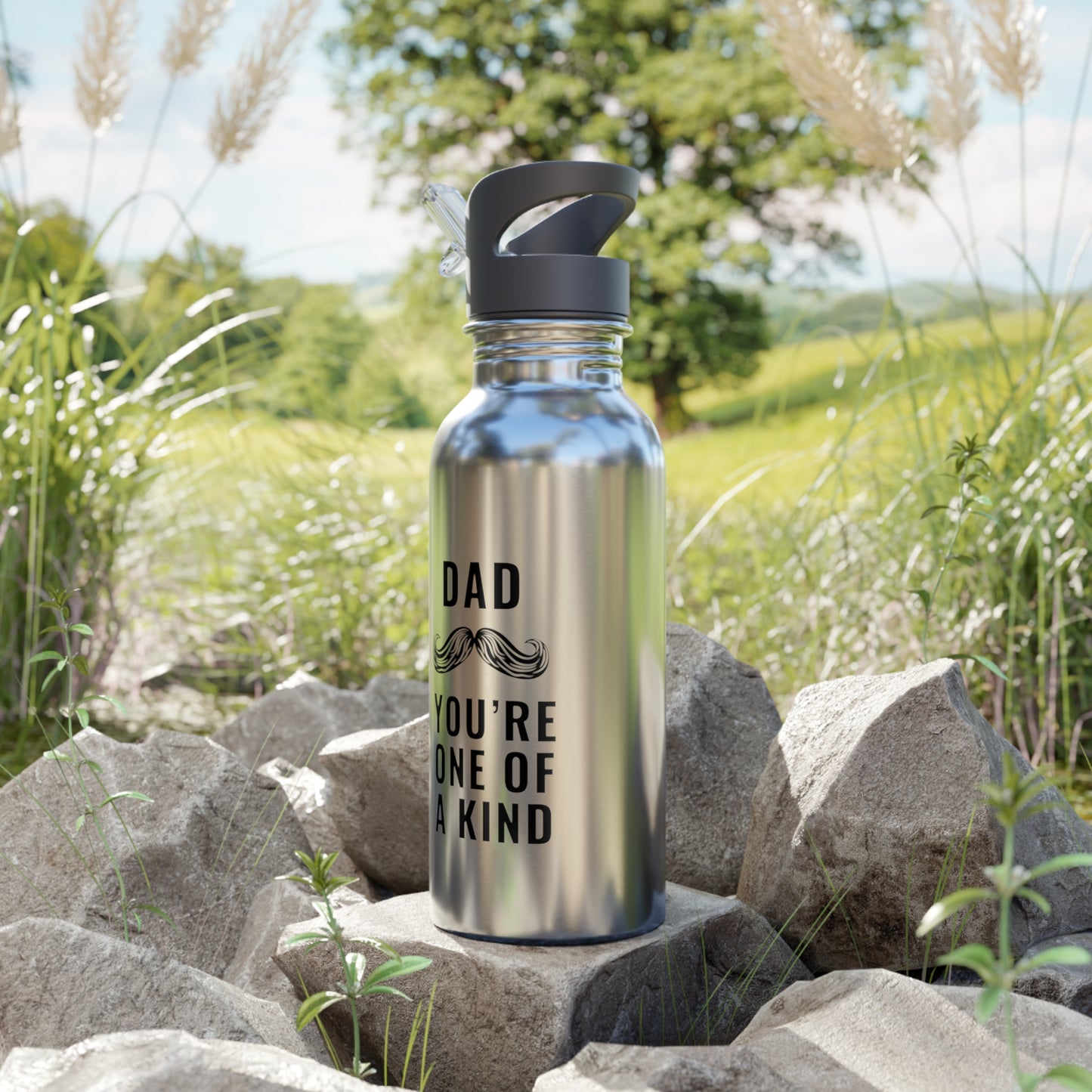 Side shot of a silver sip style water bottle with text Dad Your'e one of a kind outside on rocks