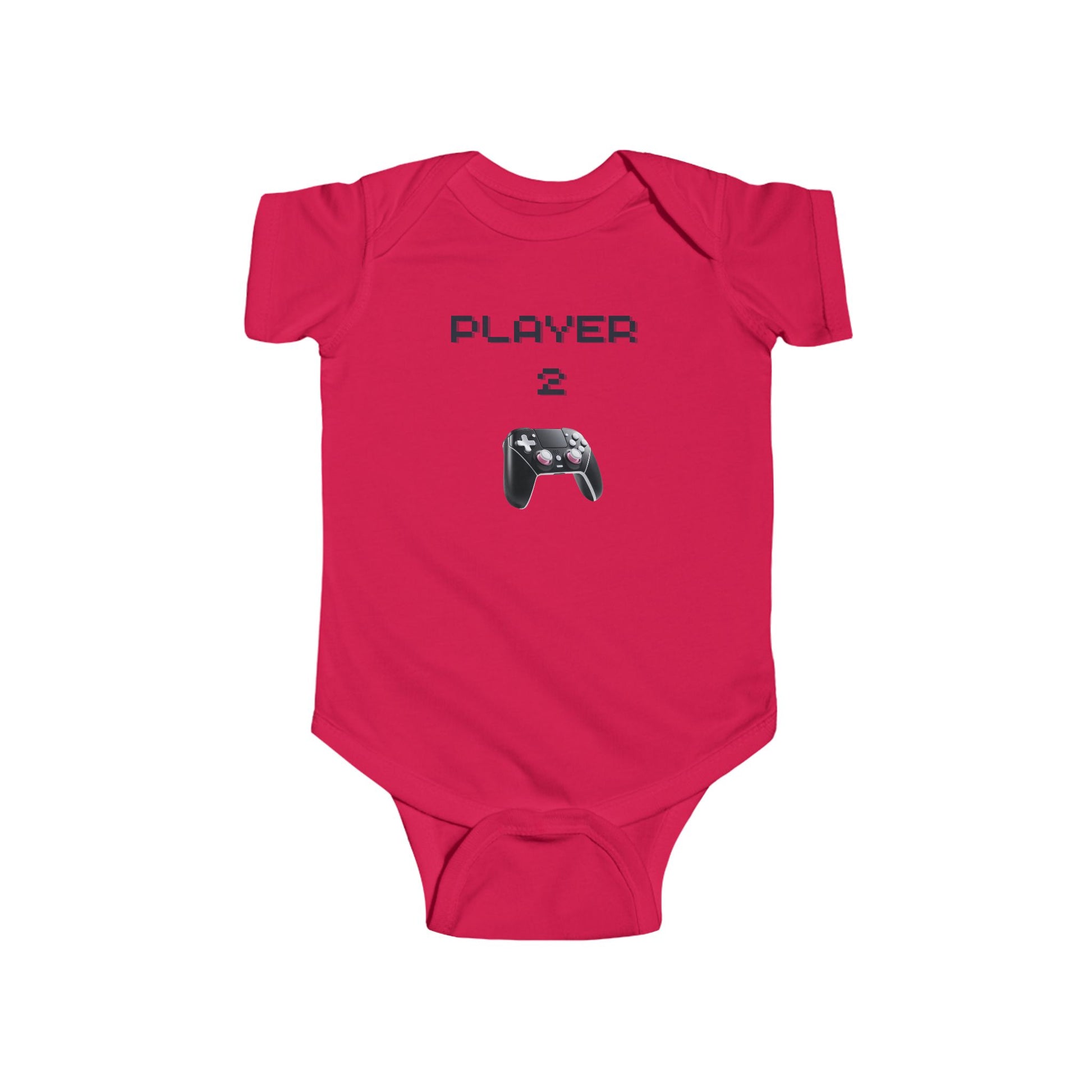 Player 2 Gaming Graphics appear on a Red Baby Onesie with a game controller image