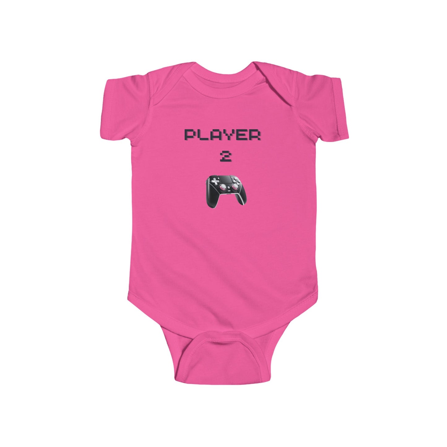 Hot Pink Player 2 Baby Onesie with a modern game controller on the front
