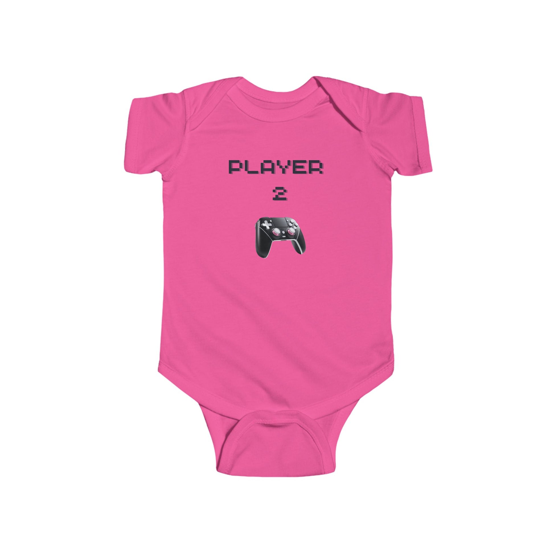 Hot Pink Player 2 Baby Onesie with a modern game controller on the front