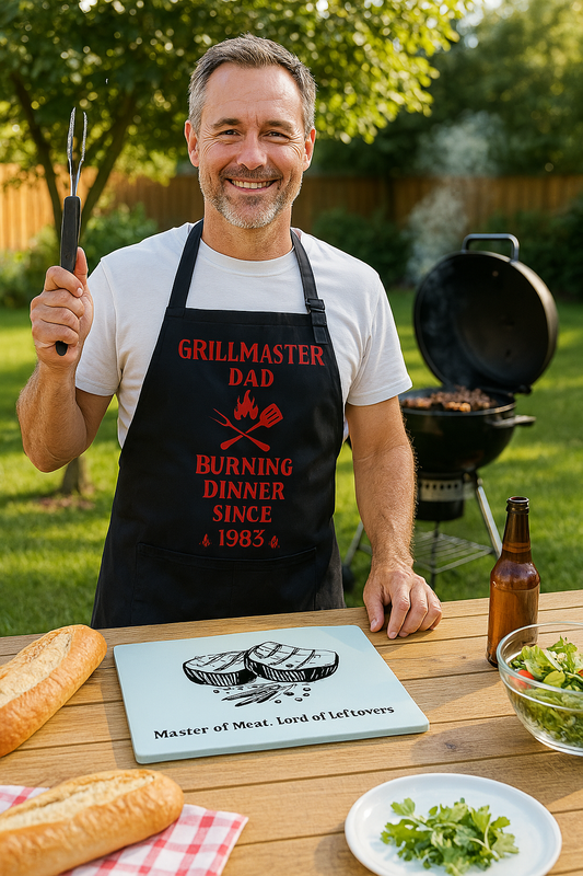 Dad in garden wearing apron with BBQ in background, chopping board on picnic table surrounded by food – ideal Father’s Day BBQ gift.