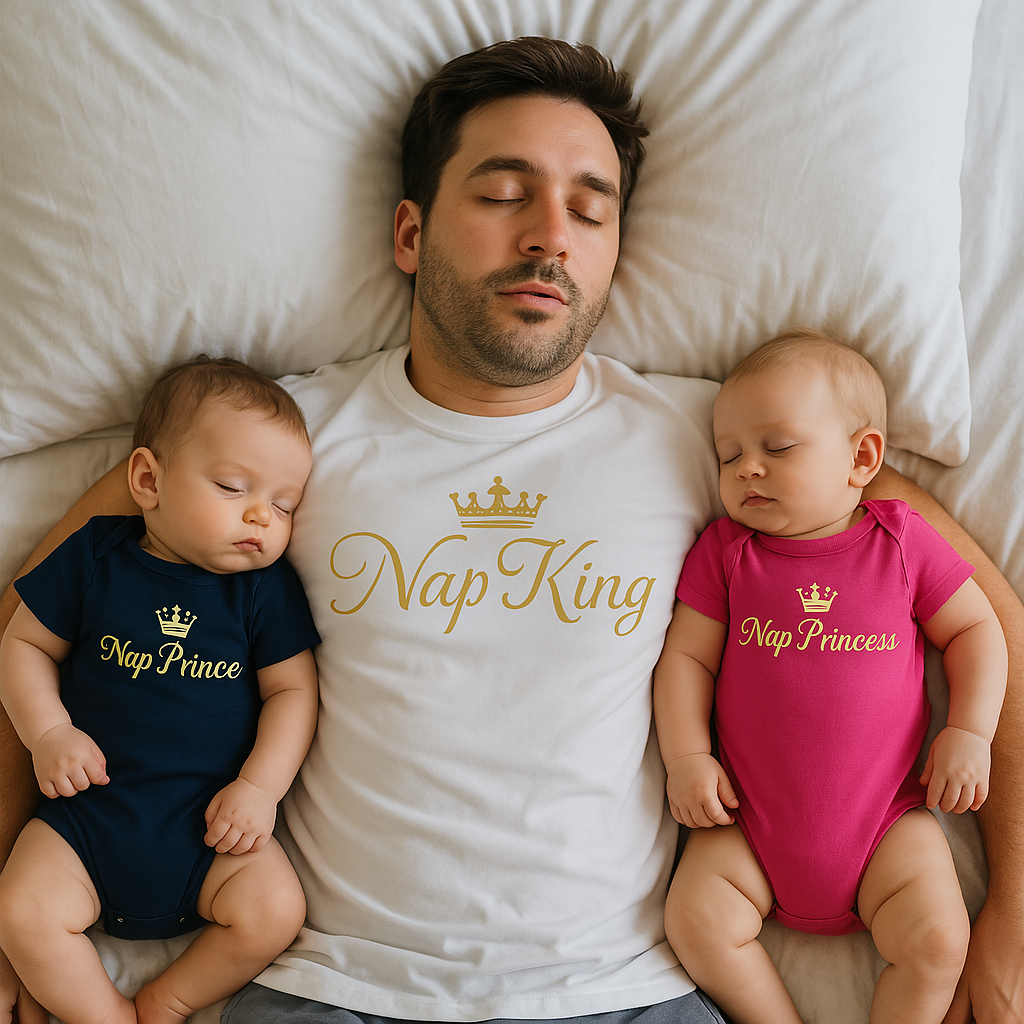 Sleeping dad in white “Nap King” T-shirt with matching baby boy in navy “Nap Prince” and baby girl in pink “Nap Princess” onesies.