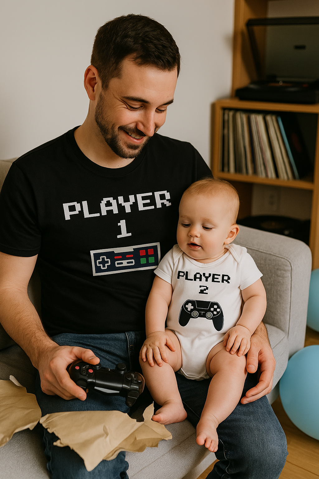 Dad in “Player 1” T-shirt with baby in “Player 2” onesie on his knee, holding game controller, sitting on sofa with wrapping paper nearby.